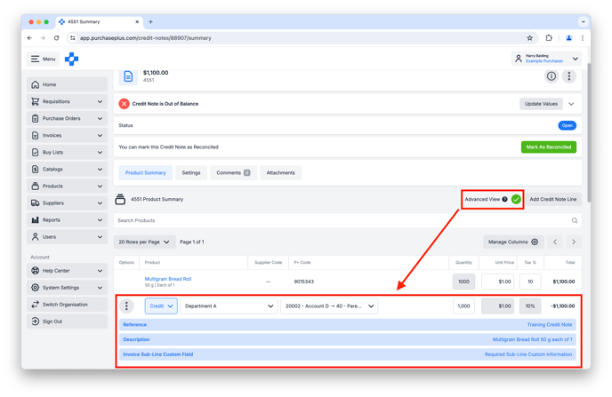 Advanced View Credit note