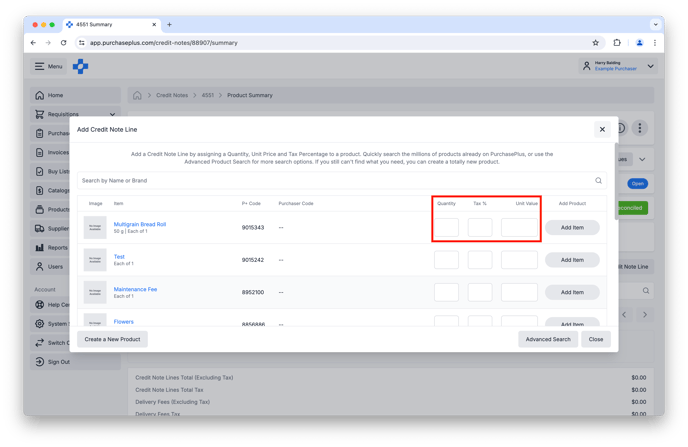 Create Credit Note Line 2