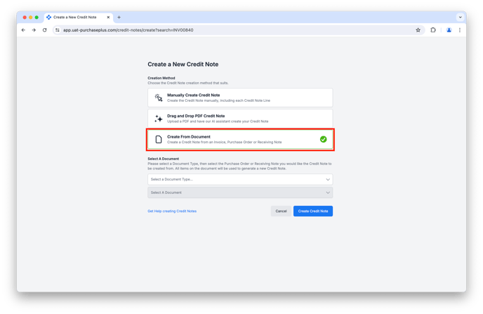 Create Credit Note from document