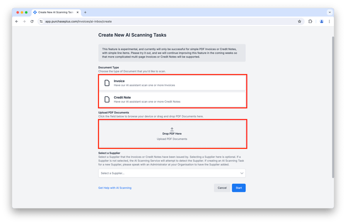 Create new Scan Task select invoice pdf and upload
