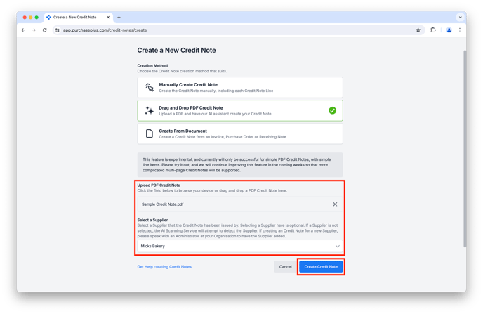 Credit Note Upload and select supplier