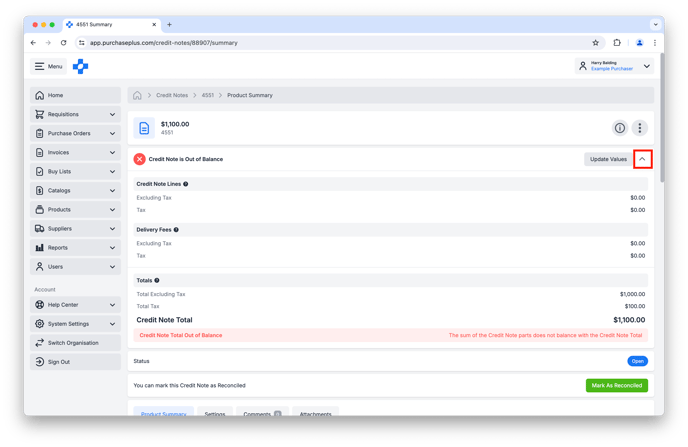 Credit Note out of balance panel 2