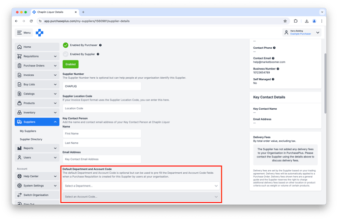 Department and Account Code My Supplier