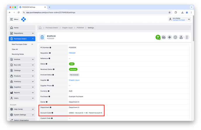 Department and Account Code Purchase Order