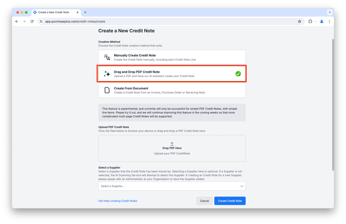 Drag and Drop Credit Note