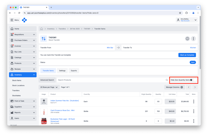 Hide Zero Quantity Items on a Transfer