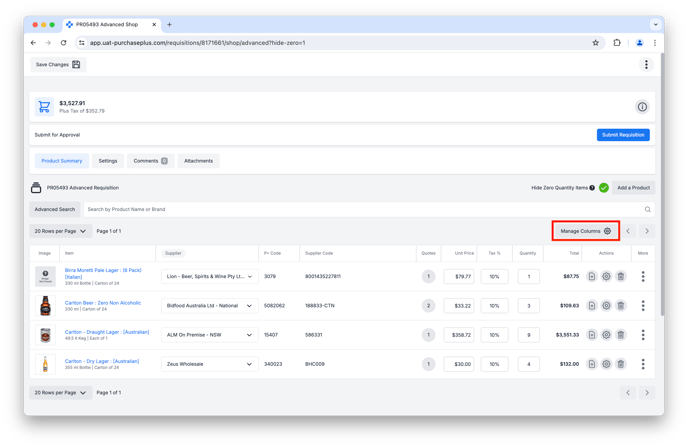 Manage Columns Advanced Requisition