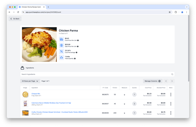 Recipe Management in PurchasePlus