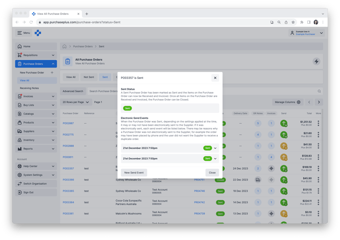 Click the [Send] button of a Purchase Order to view information about each Electronic Send Event