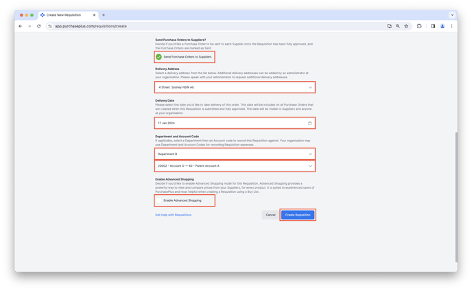 Complete all other fields in the Requisition form as required and click [Create Requisition]