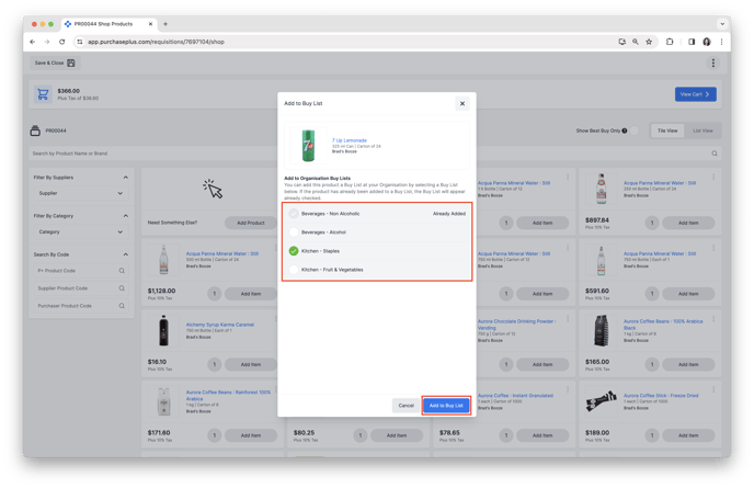 Choose Buy List and add to Buy List 