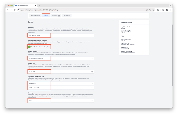 Edit Settings of the Requisition in Basic Shopping