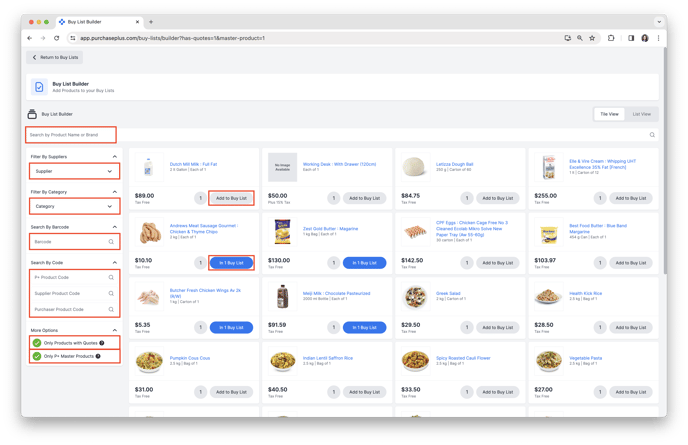 Search Product to add to Buy Lists