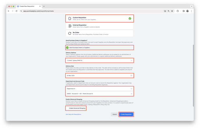 Complete Custom Requisition Details