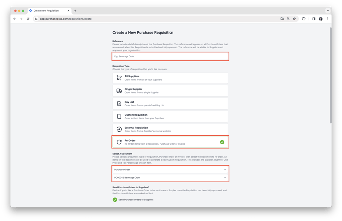 Select Re-Order Requisition Type