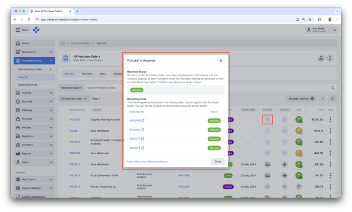 Viewing Receiving Notes from All Purchase Orders view in PurchasePlus