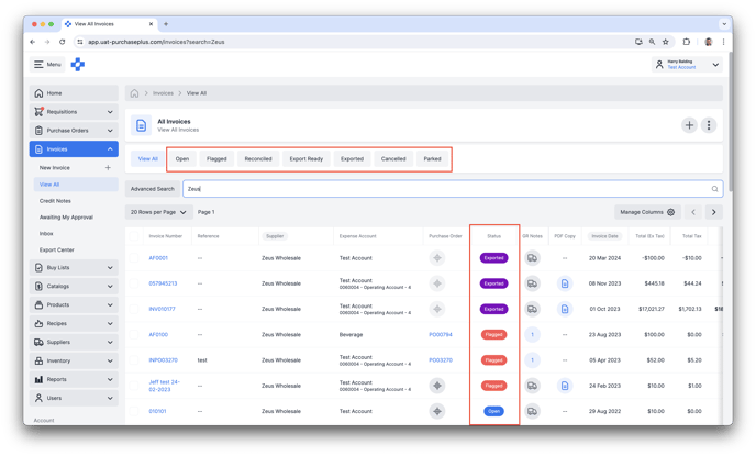 Invoice Statuses in PurchasePlus