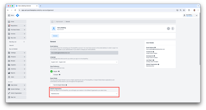 Updating a User's Default Organisation in PurchasePlus