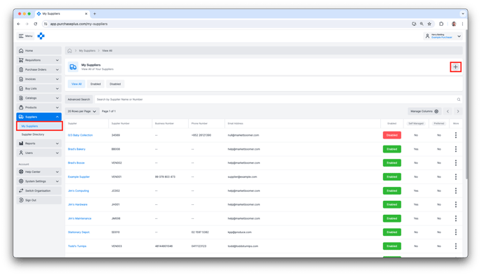 My Suppliers view in PurchasePlus