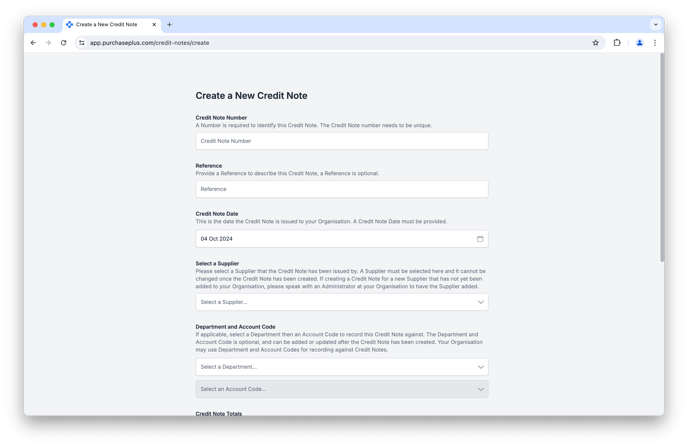 Credit Note creation screen