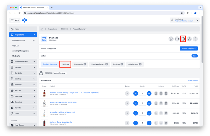 editing a Requisition's Settings in PurchasePlus