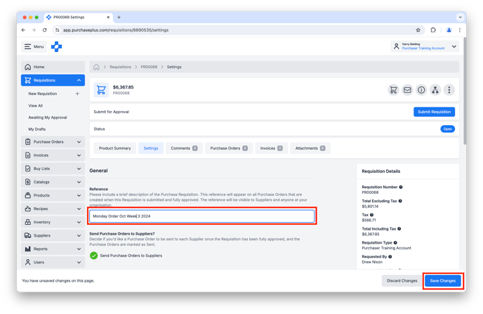 Updating a Requisition Setting