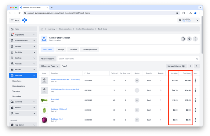 Unit Value and Total Value of a Stock Item in a Stock Location