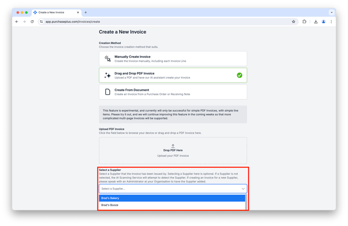 Select Supplier during PDF Upload