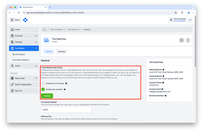 Enabled Trade Relationship between Purchaser and Supplier in PurchasePlus