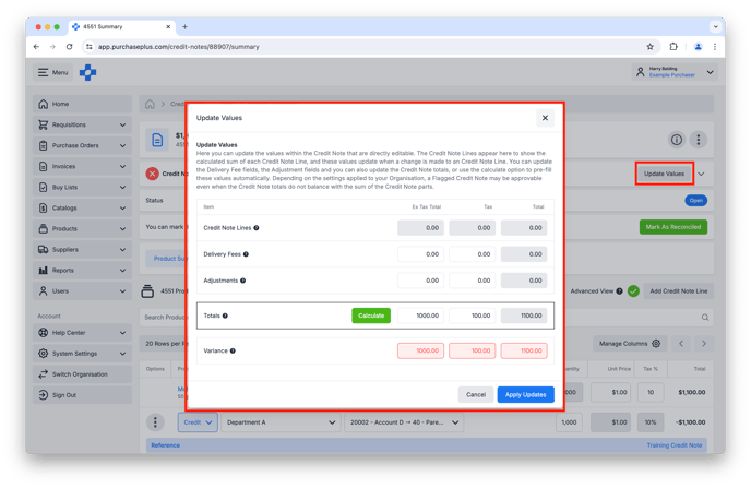 Update Values in a Credit Note