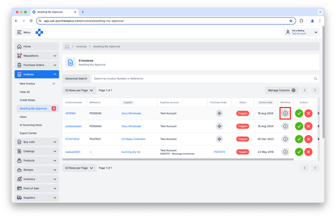 View Invoice Workflows column