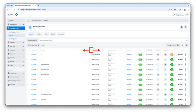 Changing column width in a Table View in PurchasePlus