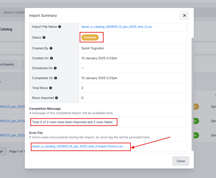 Error message import file