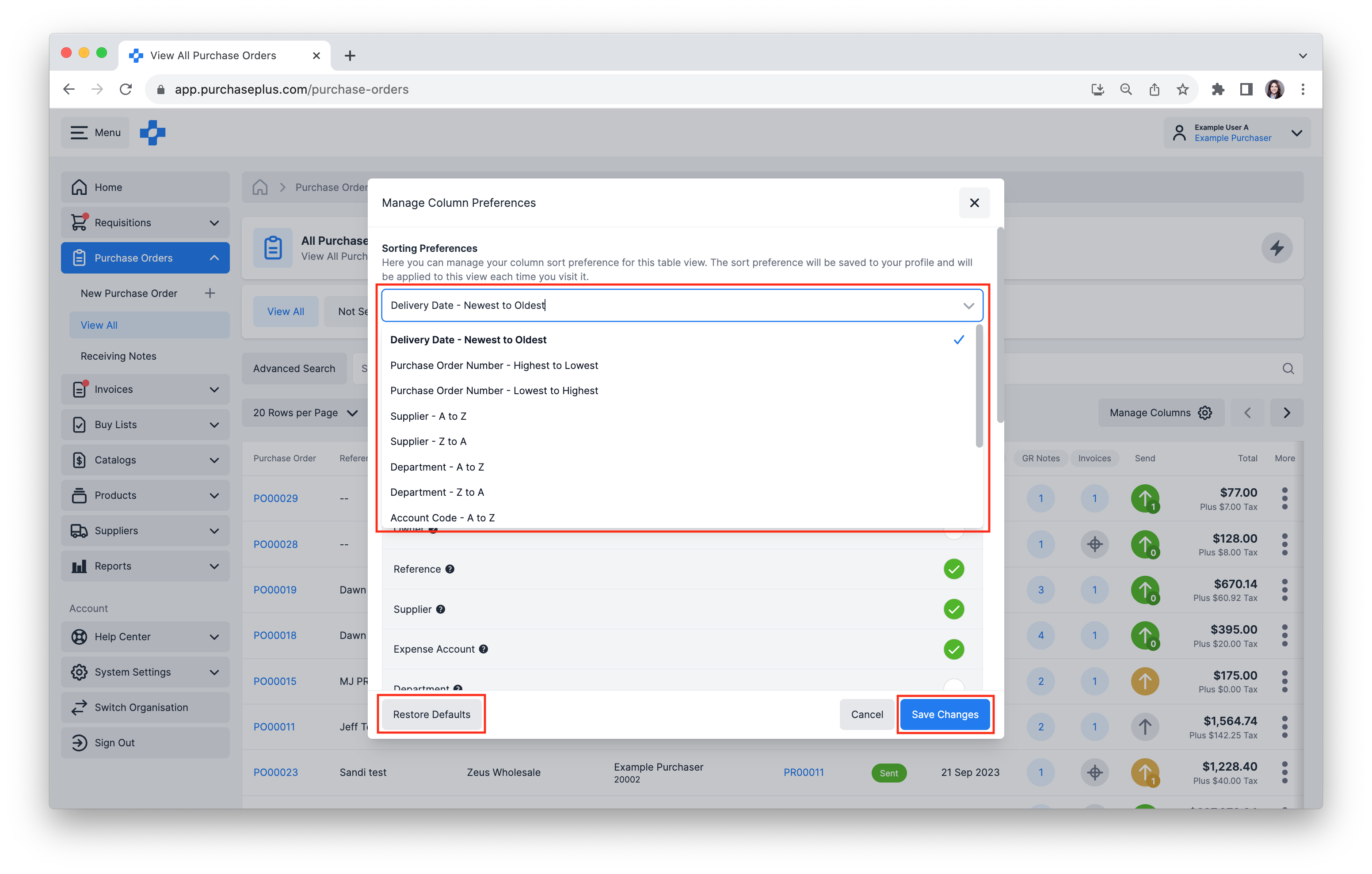 Click [Restore Defaults] if you wish to revert to the default columns and sorting preference for this table