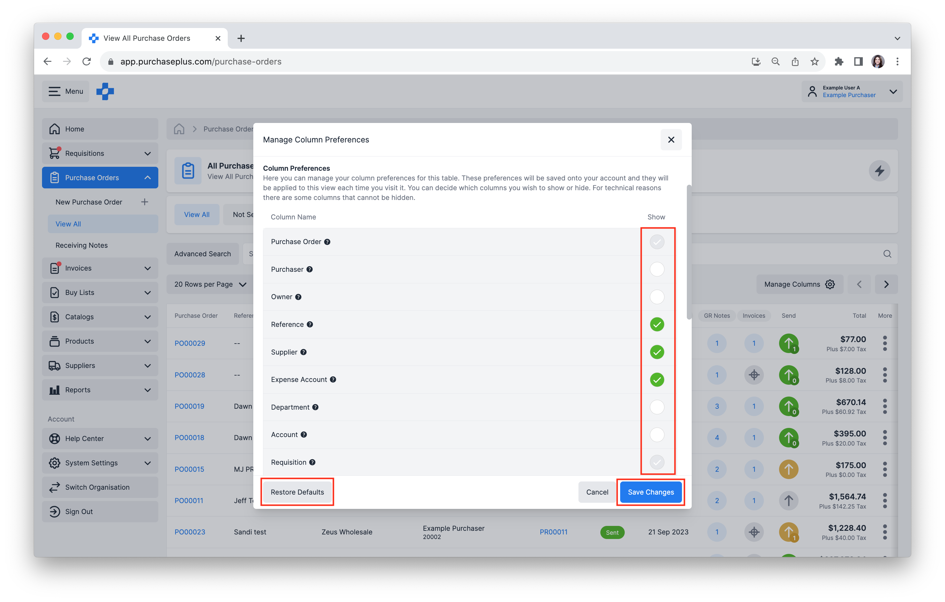 Click [Restore Defaults] if you wish to revert to the default columns and sorting preference for this table