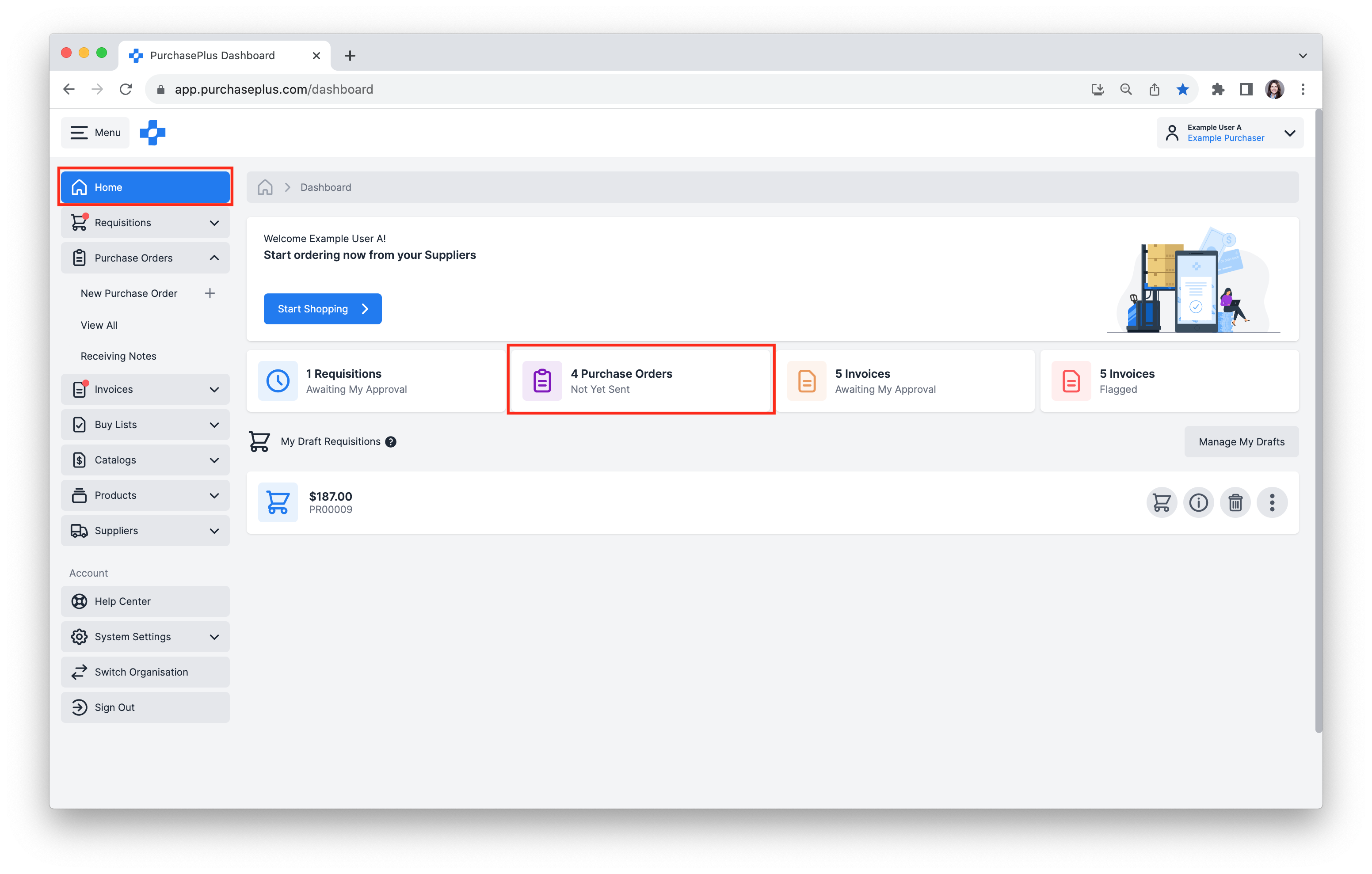 Access Purchase Orders Not Yet Sent from Home Dashboard