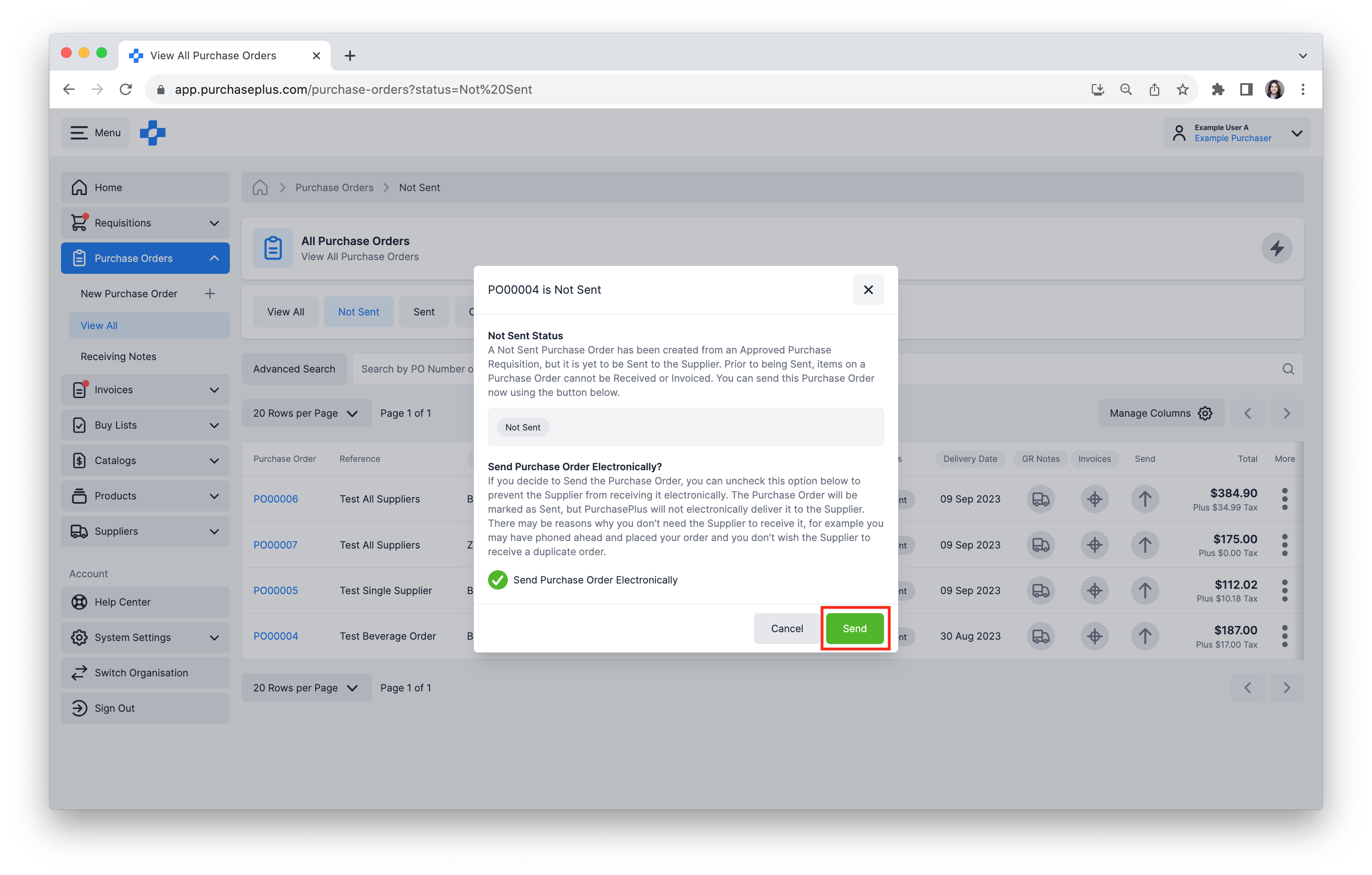 Click Send to confirm, and the Purchase Order will be marked as Sent