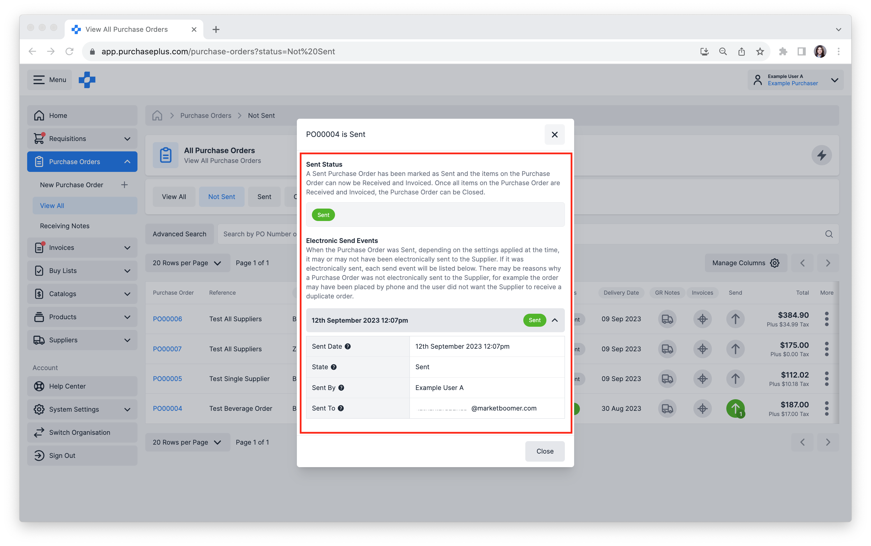 If the Send Purchase Order Electronically option was selected, the Electronic Send Event can now be viewed