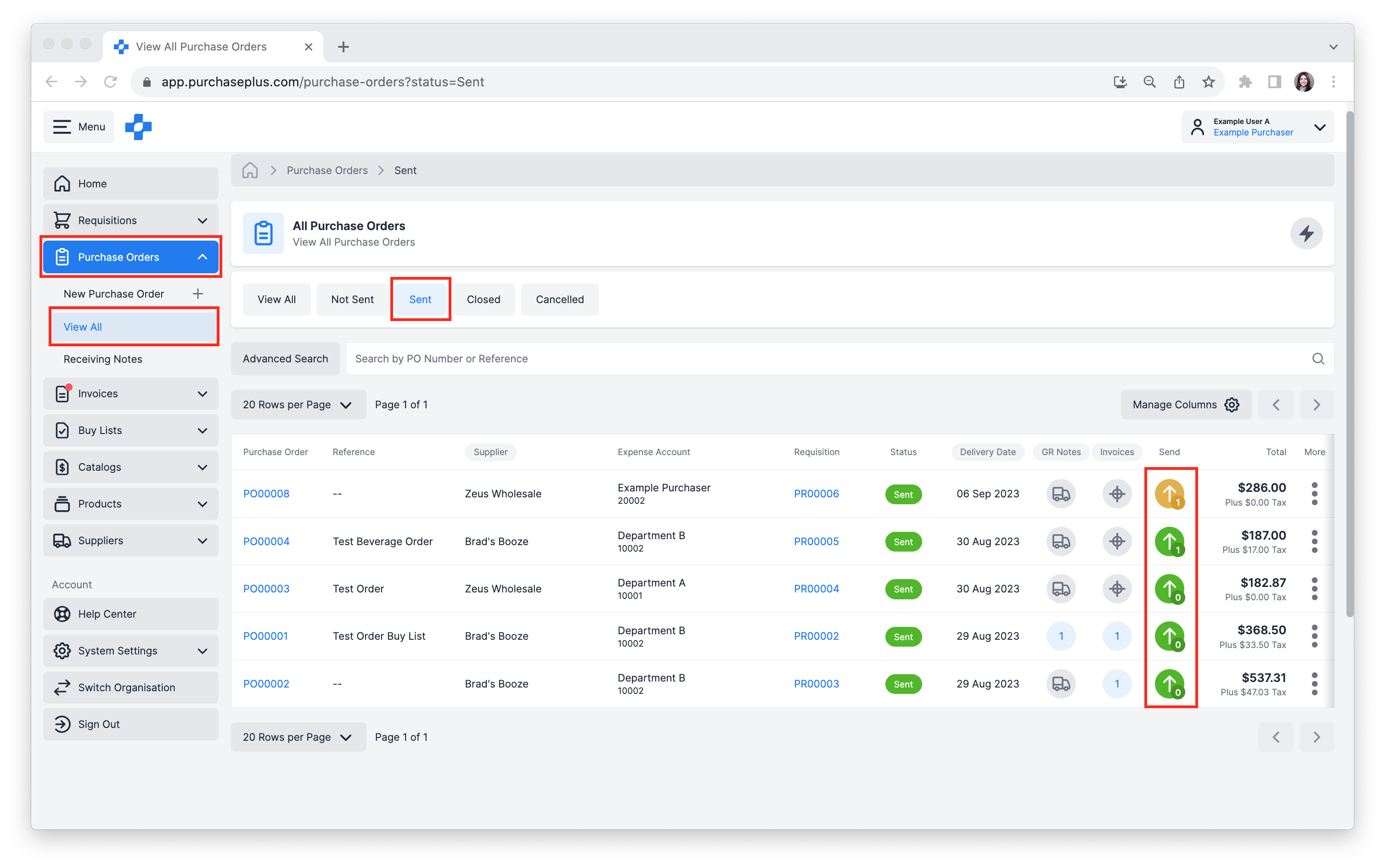 The pattern for the sent button colour and badge count, shows if the Purchase Order was marked as Sent and if it was electronically sent to the supplier