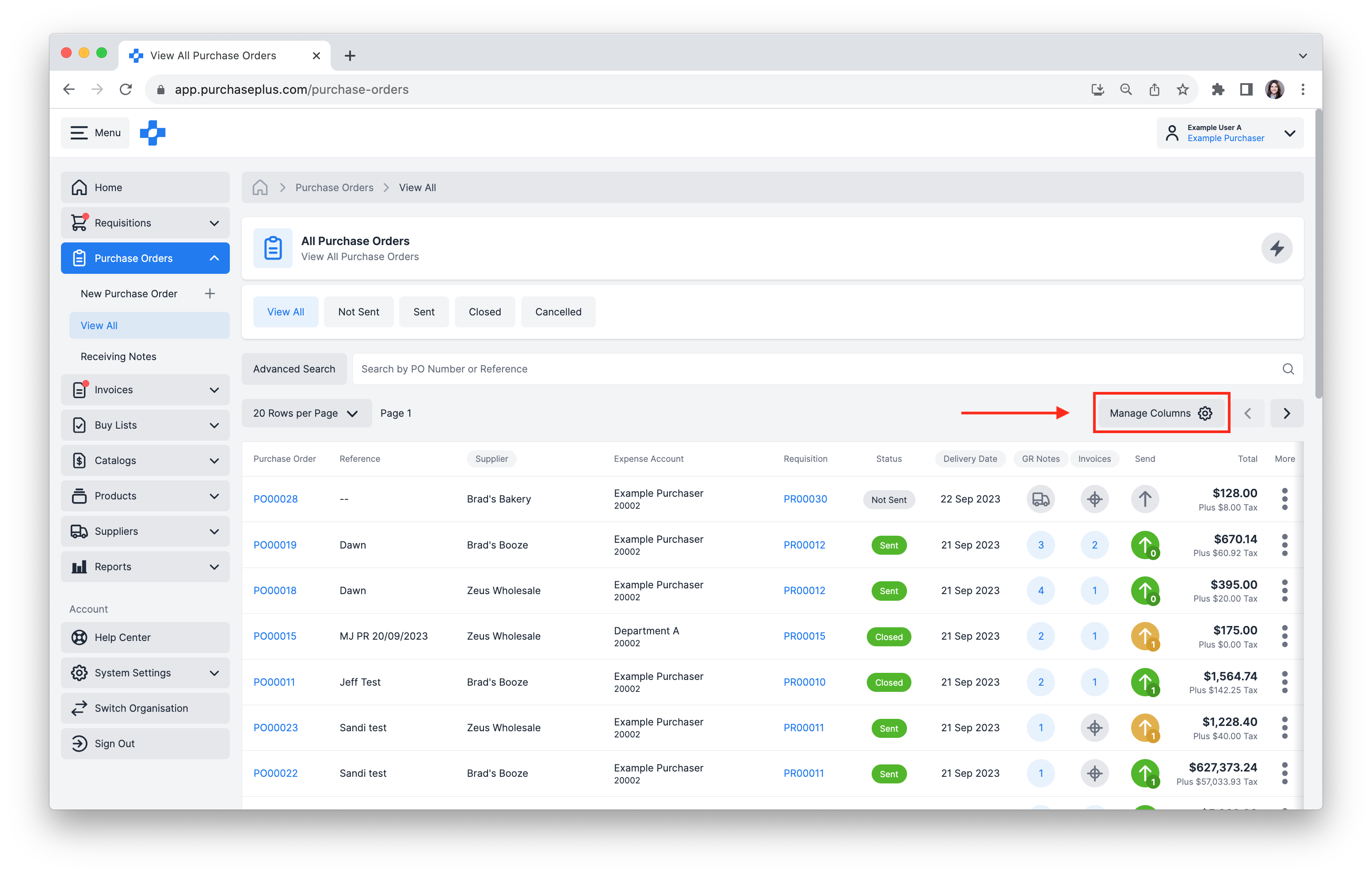 Click [Manage Columns], to open Column Preferences selection